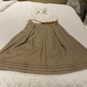 NWT Eliza J white tan ruffle blouse belted waist pleated flare skirt dress sz 12